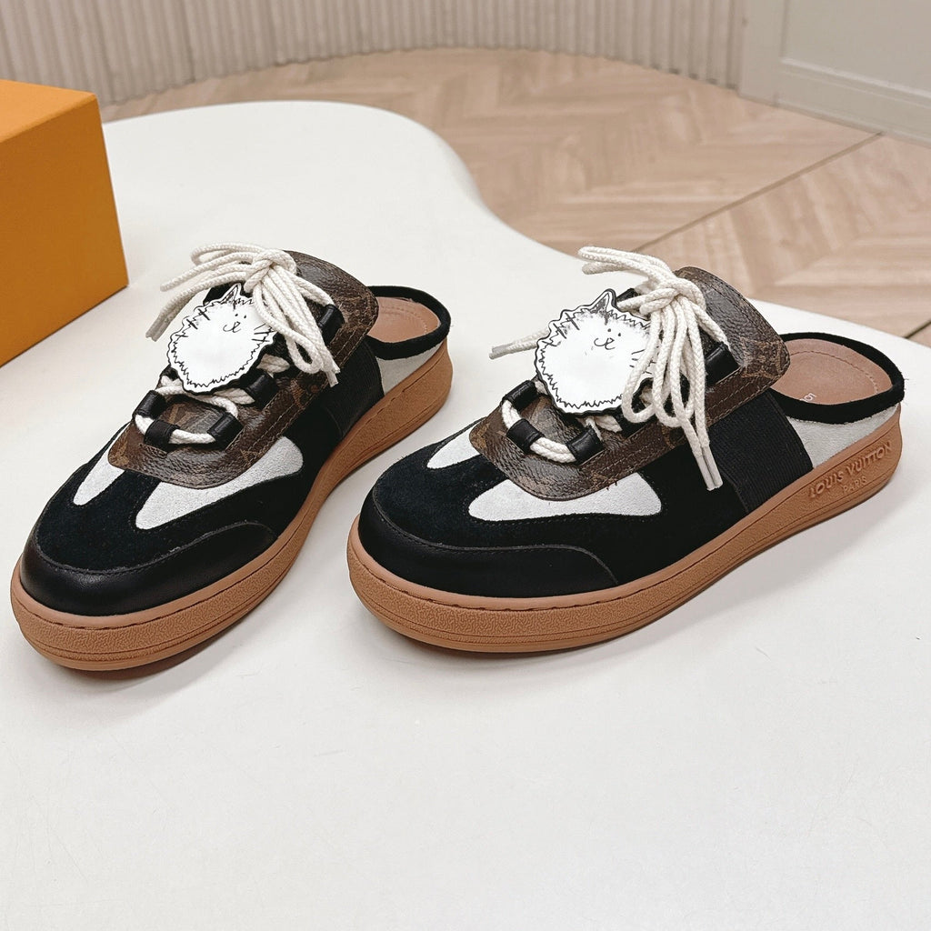 LV 2026 Lous Open Back Sneaker Black Brown Suede Canvas Leather 595415