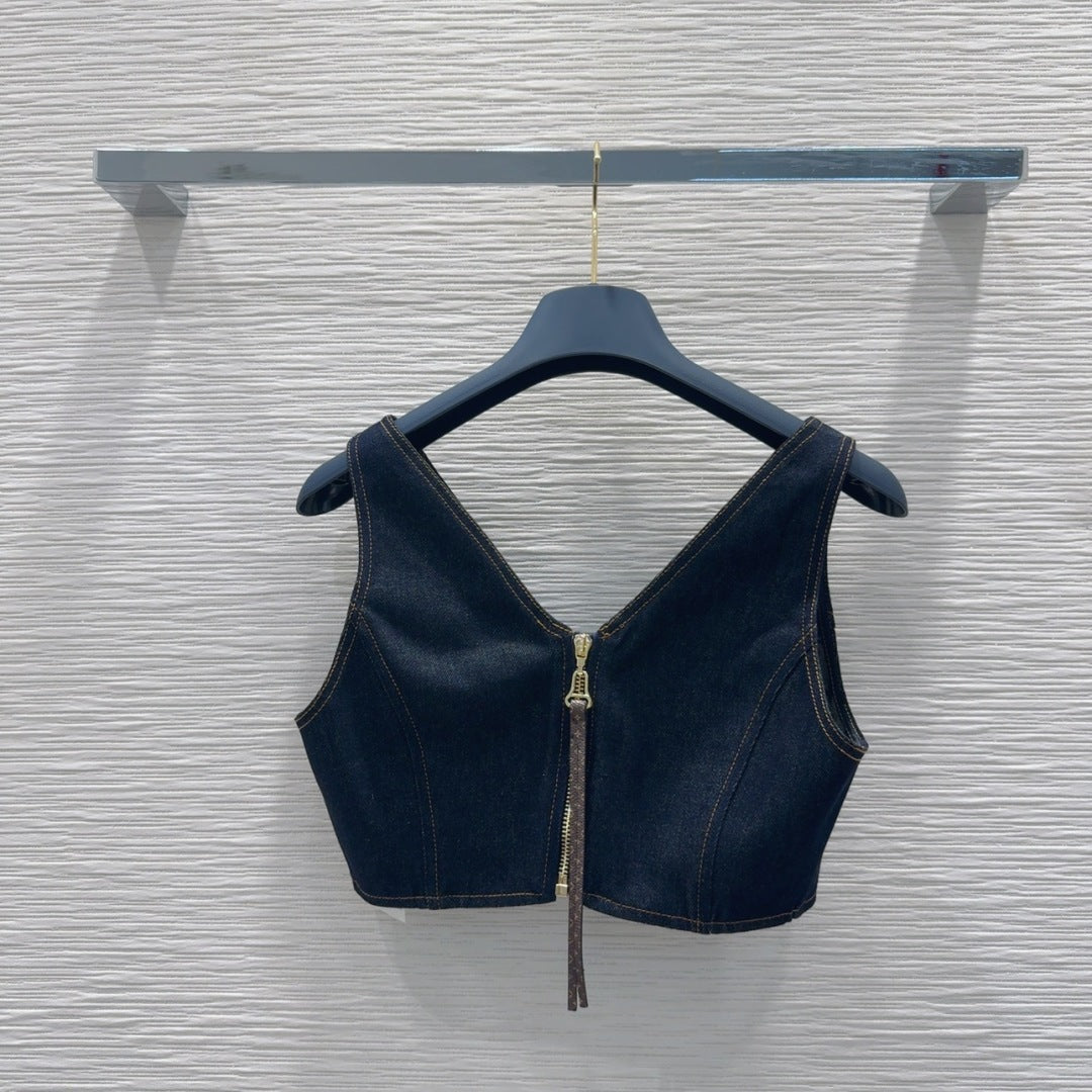 LV 25 Denim Back Zipper Shirt Blue Cotton