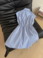 LV 25 Triangle Metal Logo Decorated Dress White Blue Cotton