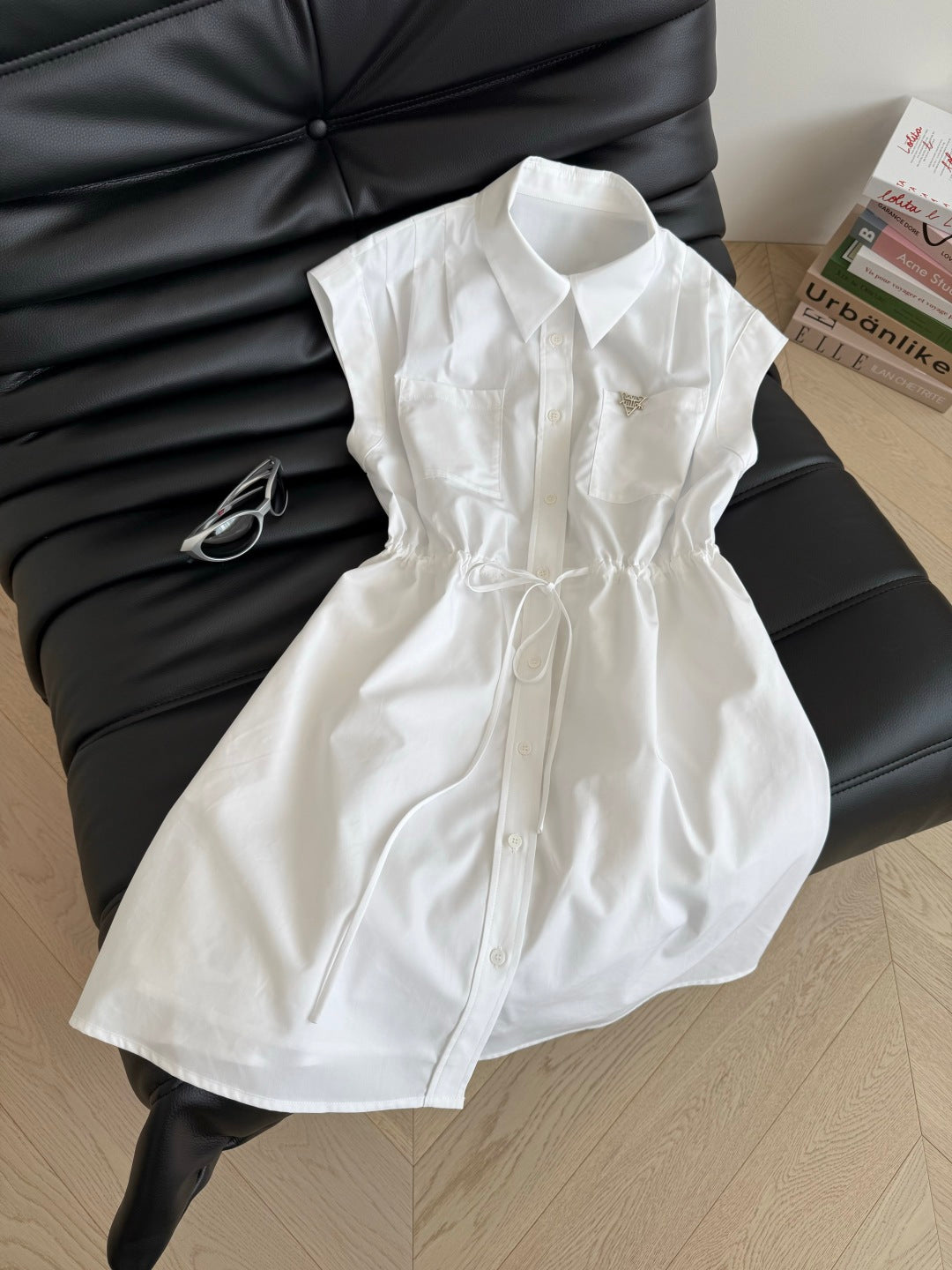 LV 25 Triangle Metal Logo Decorated Dress White Blue Cotton