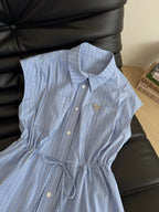 LV 25 Triangle Metal Logo Decorated Dress White Blue Cotton