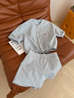 Fendi 25 Letter Logo Embroidered Striped Suit Blue Cotton
