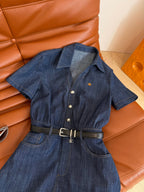Celine 25 Arc de Triomphe Logo Embroidered Denim Dress Blue Cotton