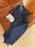 Celine 25 Arc de Triomphe Logo Embroidered Denim Dress Blue Cotton