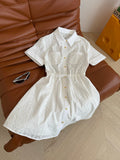 Celine 25 Hollow Shirt Dress with Gold Metal Button White Cotton