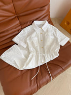 Celine 25 Hollow Shirt Dress with Gold Metal Button White Cotton