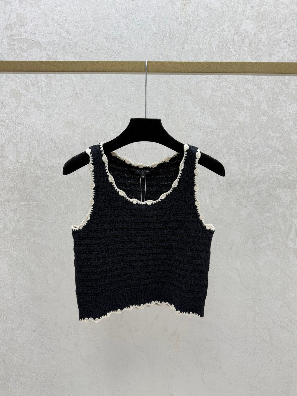Chanel 2026 Crochet Knit Vest Black and Off-White Wool
