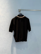 LV 25 Lace Stand-Up Collar Ribbon Short-Sleeved Shirt Black Wool Silk