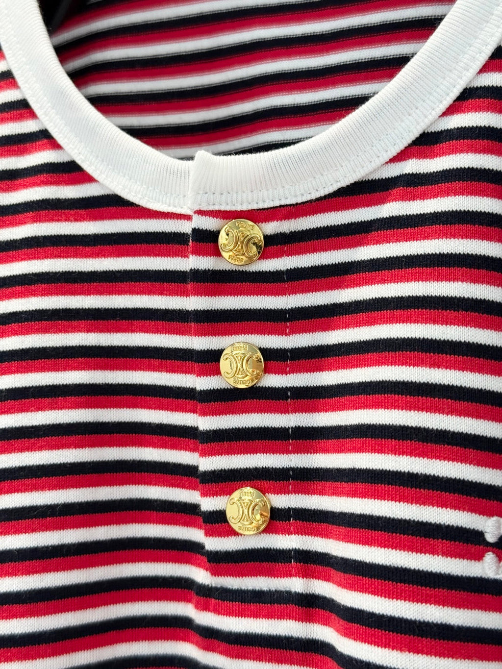 Celine 25 Striped Short-sleeved T-shirt Red White mix Black cotton