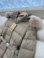 Burberry 25 Fur Collar Plaid Slim-fit Beige Jacket Polyester Down