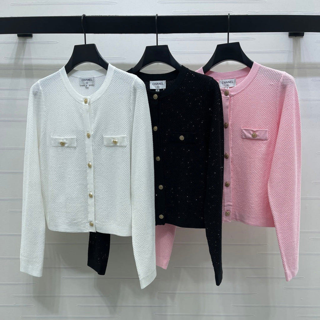 Chanel 2026 Sequined Crew Neck Knit Cardigan Silk Wool