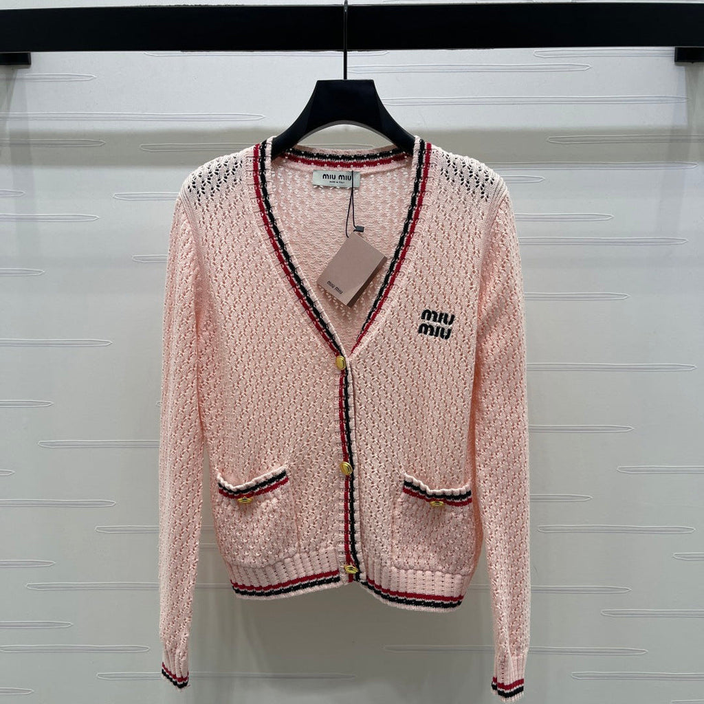 Miumiu 2026 V-neck Openwork Knit Cardigan Pink Wool 299315
