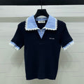 Miumiu 2026 Ribbed Knit Top With Striped Collar Blue Wool 352525