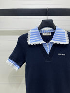 Miumiu 2026 Ribbed Knit Top With Striped Collar Blue Wool 352525