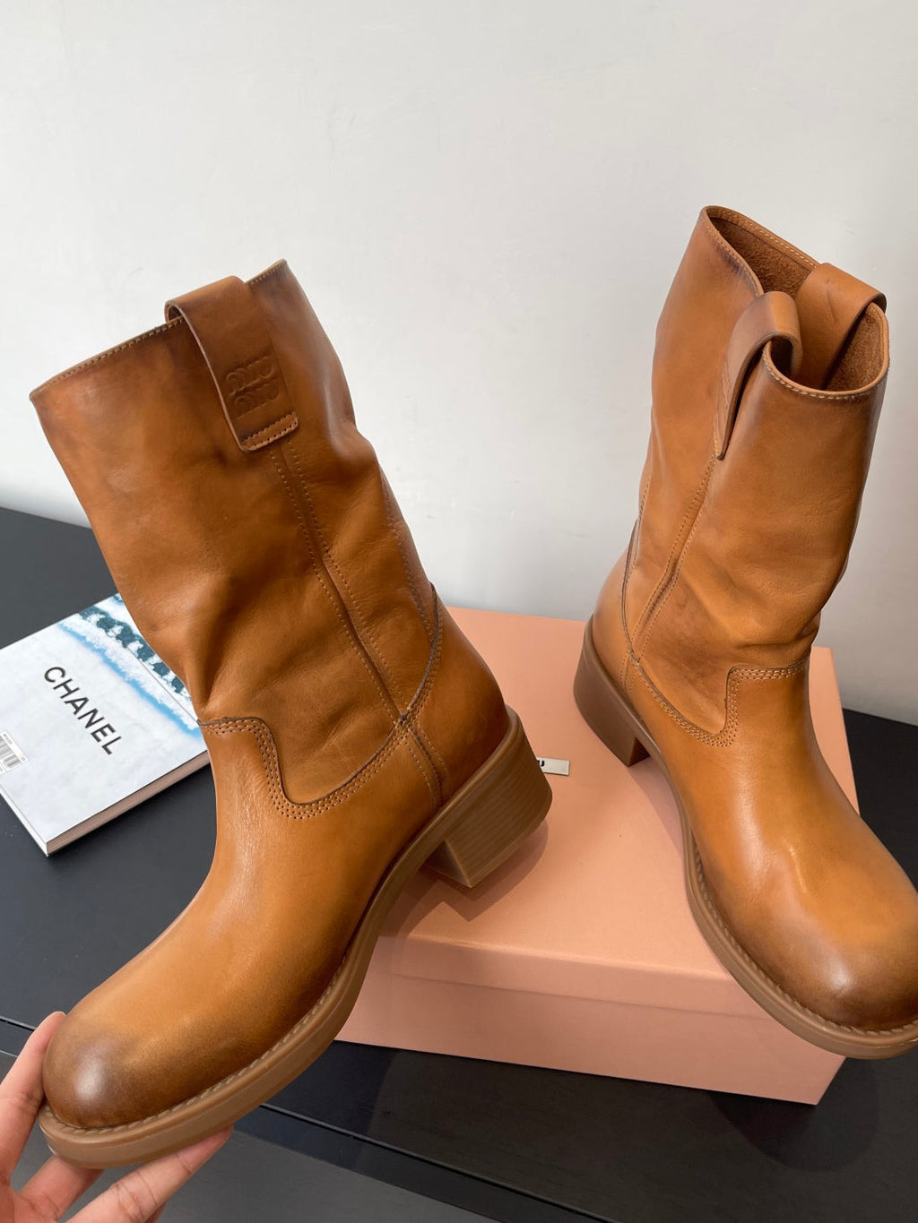 MiuMiu 26 heeled boots caramel brown cowhide 521959