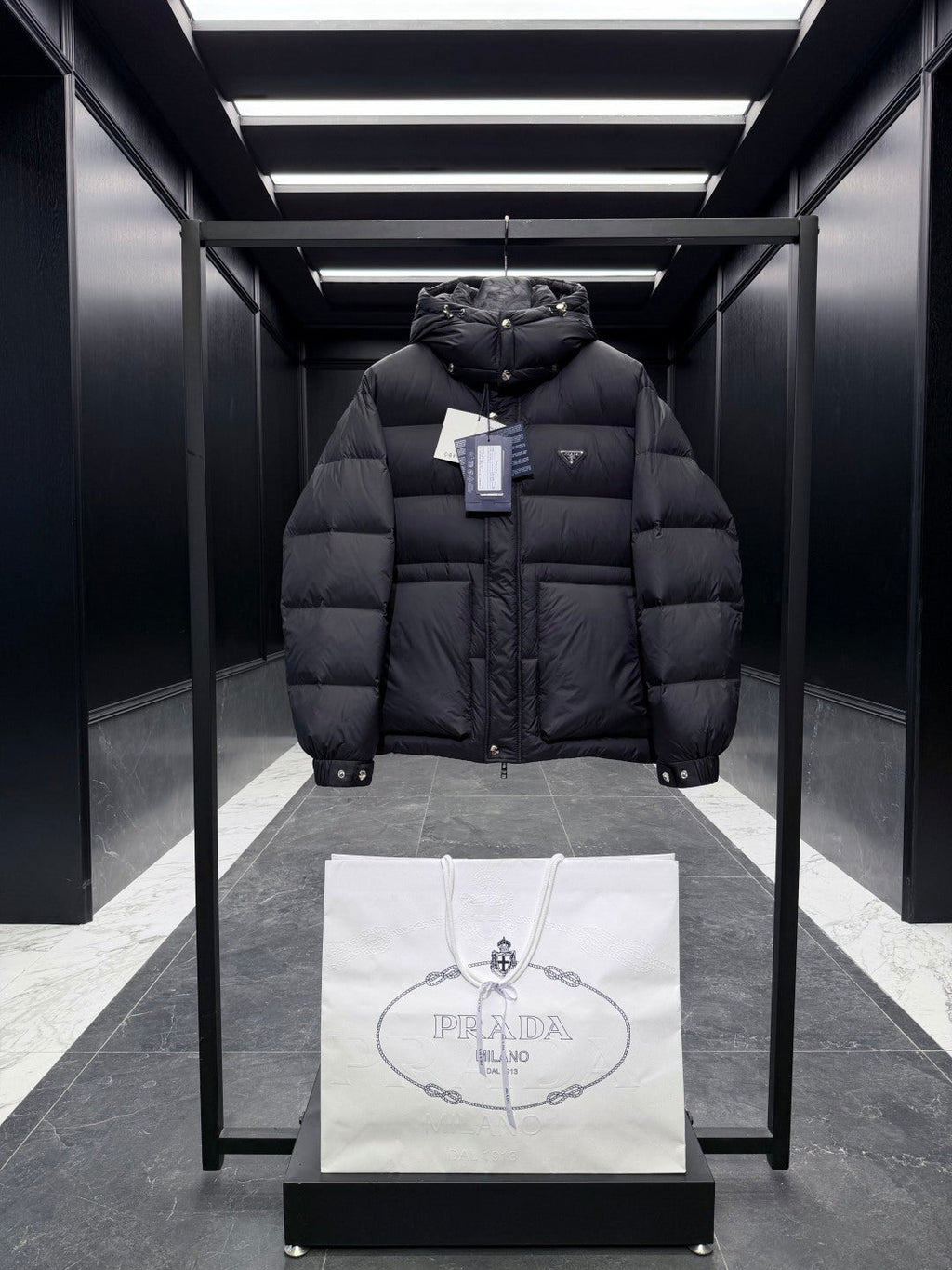 Prada 2025 Quilted Hooded Jacket Black Nylon Down