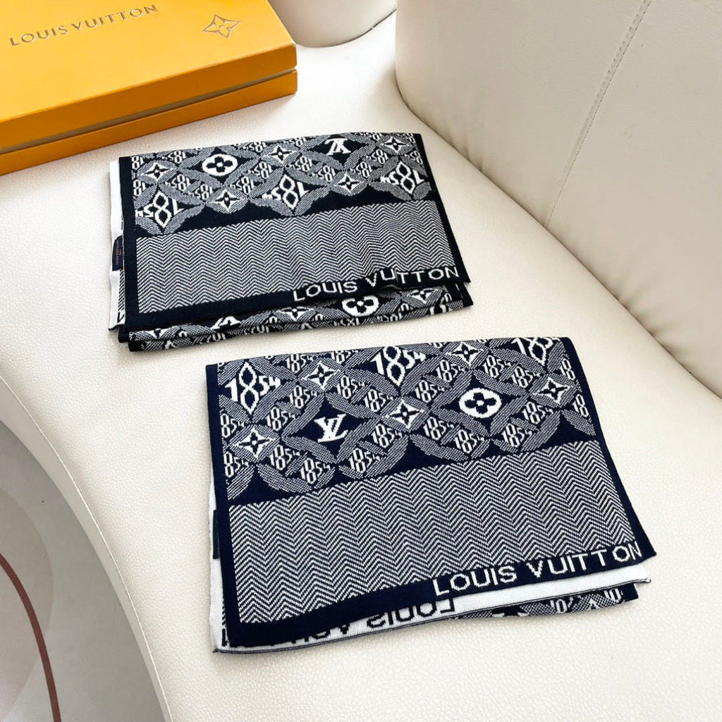LV Couple's Style Scarf 180cm Navy Blue White Cashmere 969313