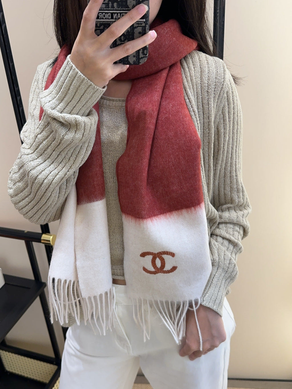 CC 25s Scarf 140cm White Bugundy Cashmere 973343