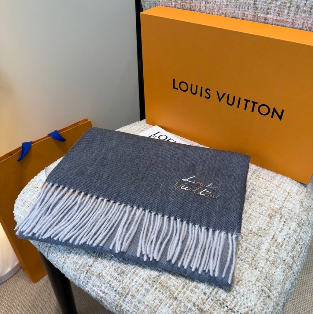 LV Scarf 185cm Gray Wool Cashmere 976980