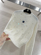 CC 26 Crew Neck Sequined Pullover Sweater Cream Red Wool 331243