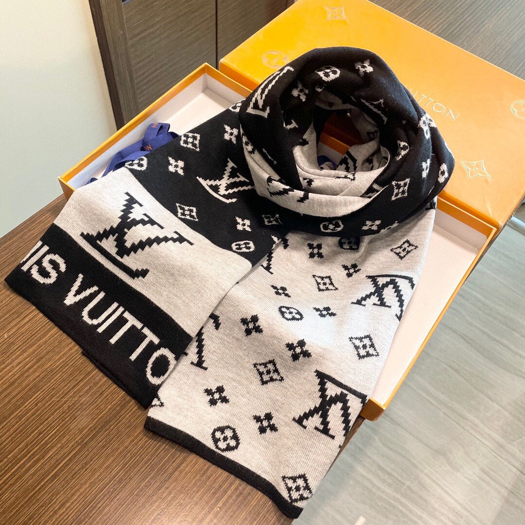LV  25s Scarf 200cm Black Light Gray Cashmere 973132