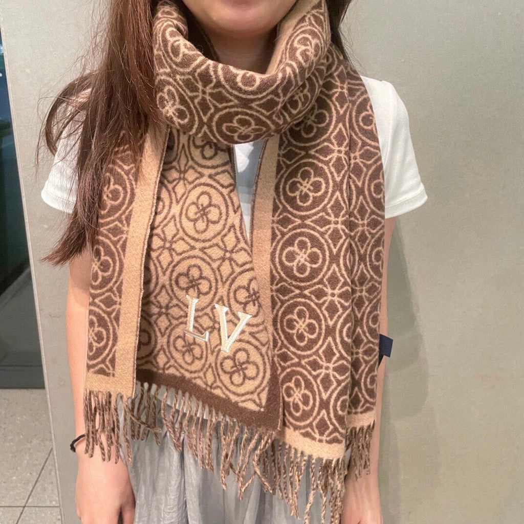 LV  25s Scarf 200cm Brown Beige Woolen 973138
