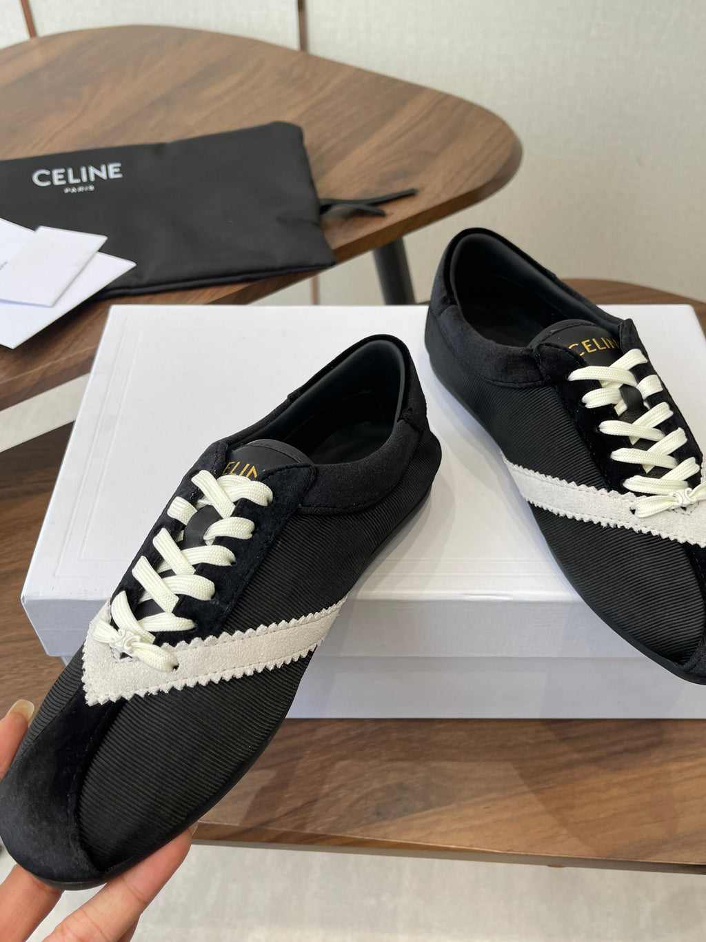 Celine 26 Flat Sneaker Black White Canvas Suede 624714