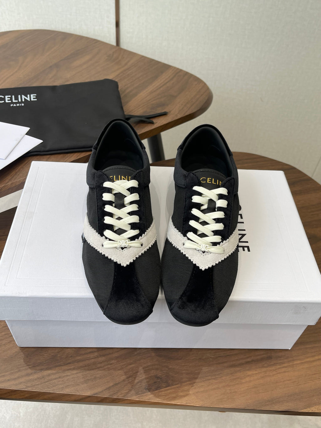 Celine 26 Flat Sneaker Black White Canvas Suede 624714