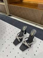 HIGH RHINESTONE CROSS STRAP MULES IN BLACK SILK