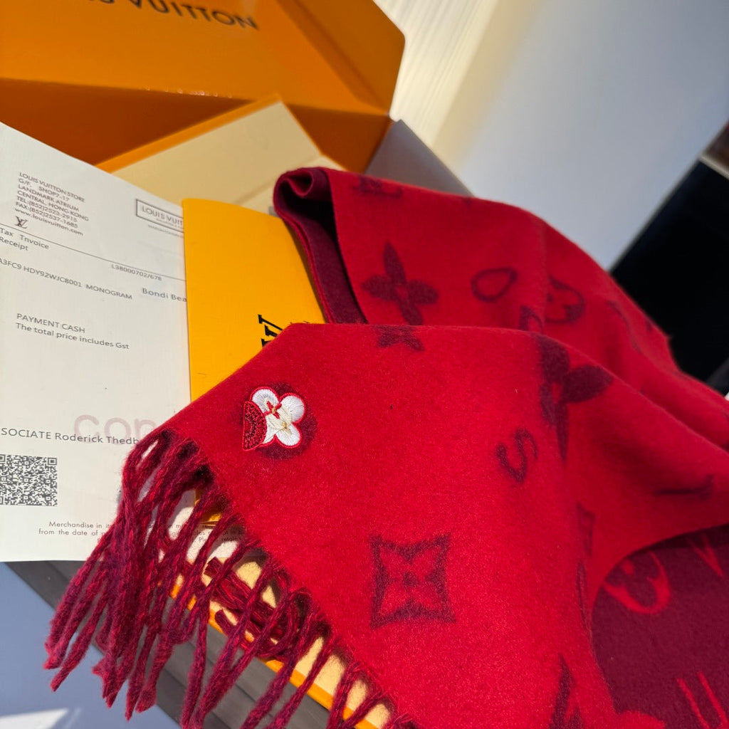 LV Reykjavik Scarf 220cm Red Cashmere 973487