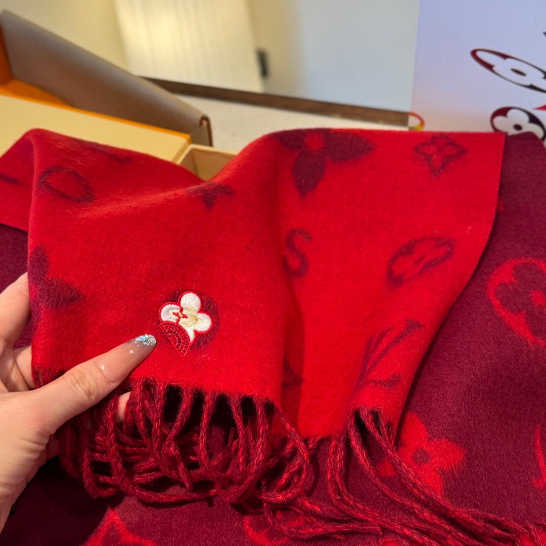 LV Reykjavik Scarf 220cm Red Cashmere 973487
