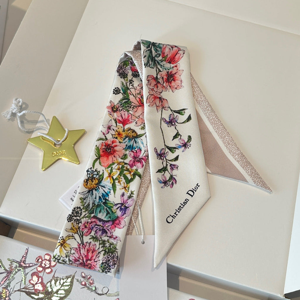 CD Twilly Mini Scarf 105cm White Light Pink Colorful Mulberry Silk 902531