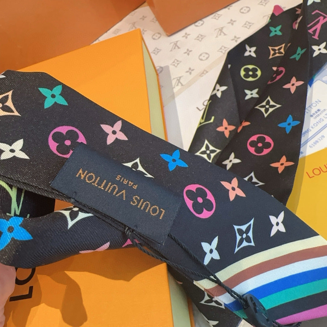 LV Twilly Scarf 120cm Black Colorful Silk 965663