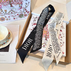 CD Twilly Mini Scarf 105cm Black White Mulberry Silk 968856