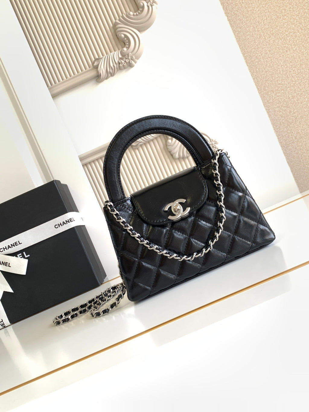 cc 24a nano 19cm kelly shopper bag black lambskin sliver hardware