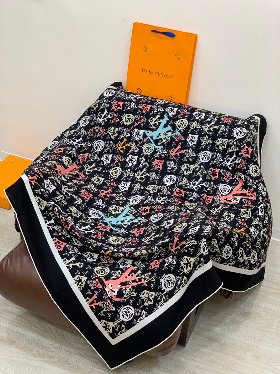 LV X TM MONOGRAM Scarf  Black Pink Blue Silk Cashmere 965396