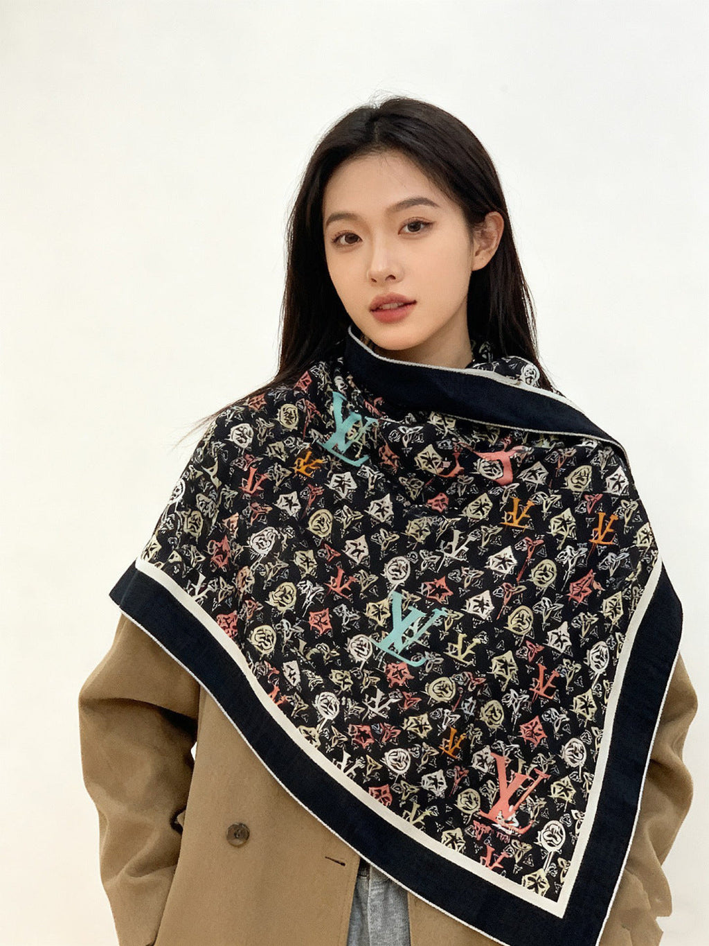 LV X TM MONOGRAM Scarf  Black Pink Blue Silk Cashmere 965396