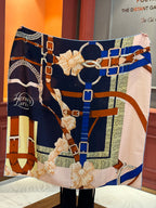 HM 25s Horse Reversible Scarf 140cm Blue Brown Cashmere Silk 967377