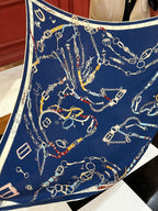 HM 25s Horse Reversible Scarf 140cm Blue Cashmere Silk 967390