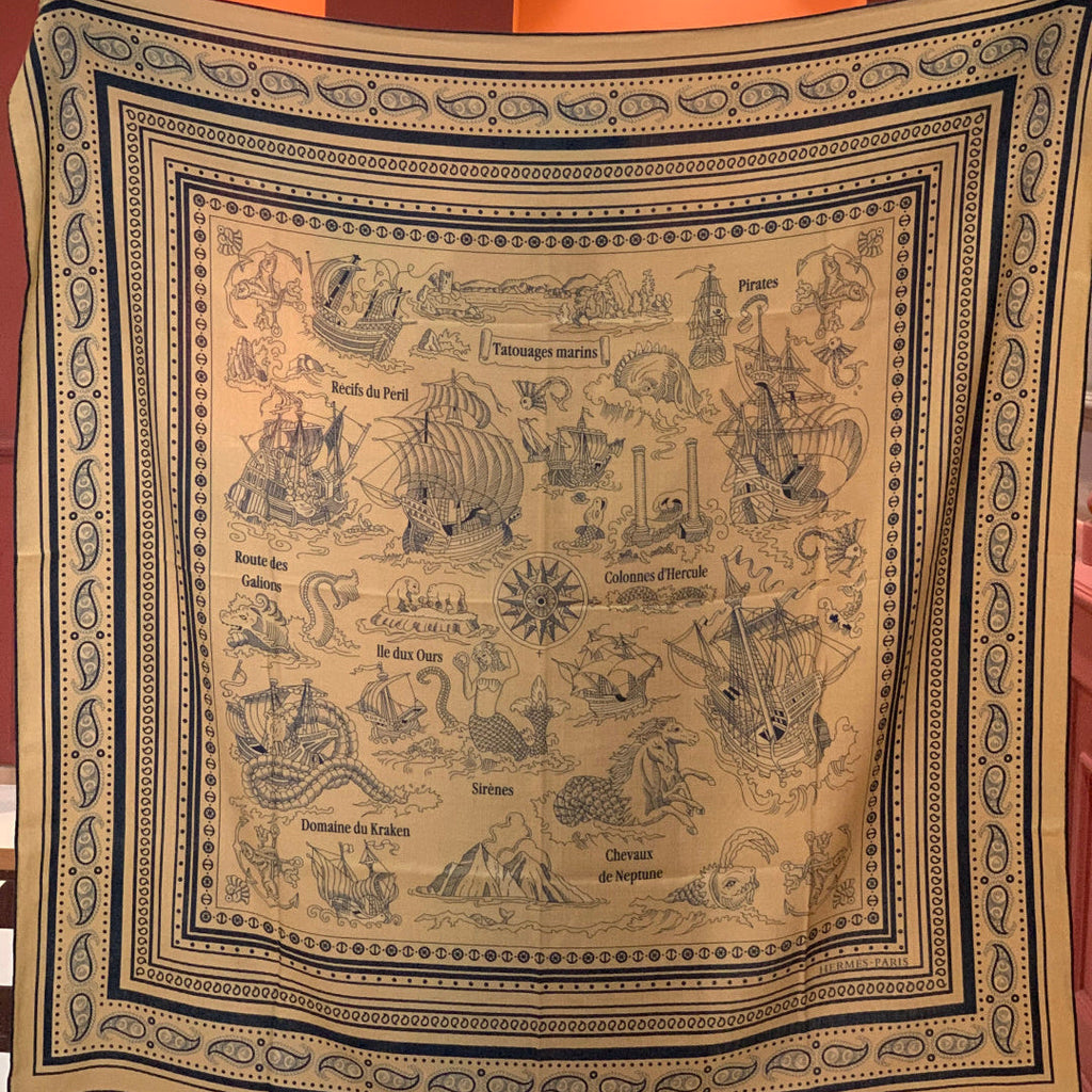 HM 25s Sailor Tattoo Scarf 140cm Dark Beige Black Cashmere Silk 967416