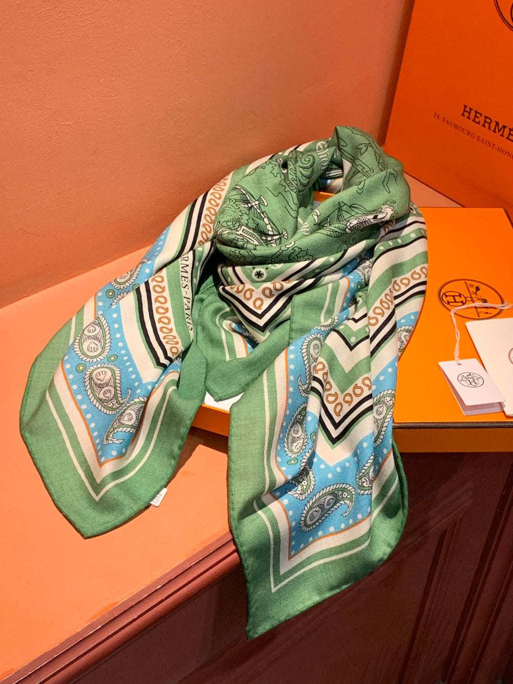 HM 25s Sailor Tattoo Scarf 140cm Green Beige Cashmere Silk 967417