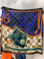 HM 25s Checkered Horse Scarf 140cm Green Blue Beige Cashmere Silk970933