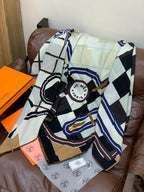 HM 25s Checkered Horse Scarf 140cm Blach White Cashmere Silk 970934