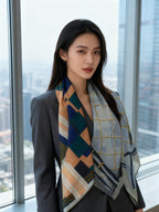 HM 25s Checkered Horse Scarf 140cm Blue Brown Cashmere Silk 970935