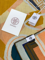 HM 25s Checkered Horse Scarf 140cm Blue Brown Cashmere Silk 970935