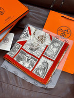 HM 25s Velvet Square Scarf 140cm Orange White Black Cashmere Silk 970940