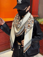 LV Velvet Square Scarf 135cm White Black Beige Cashmere 970943