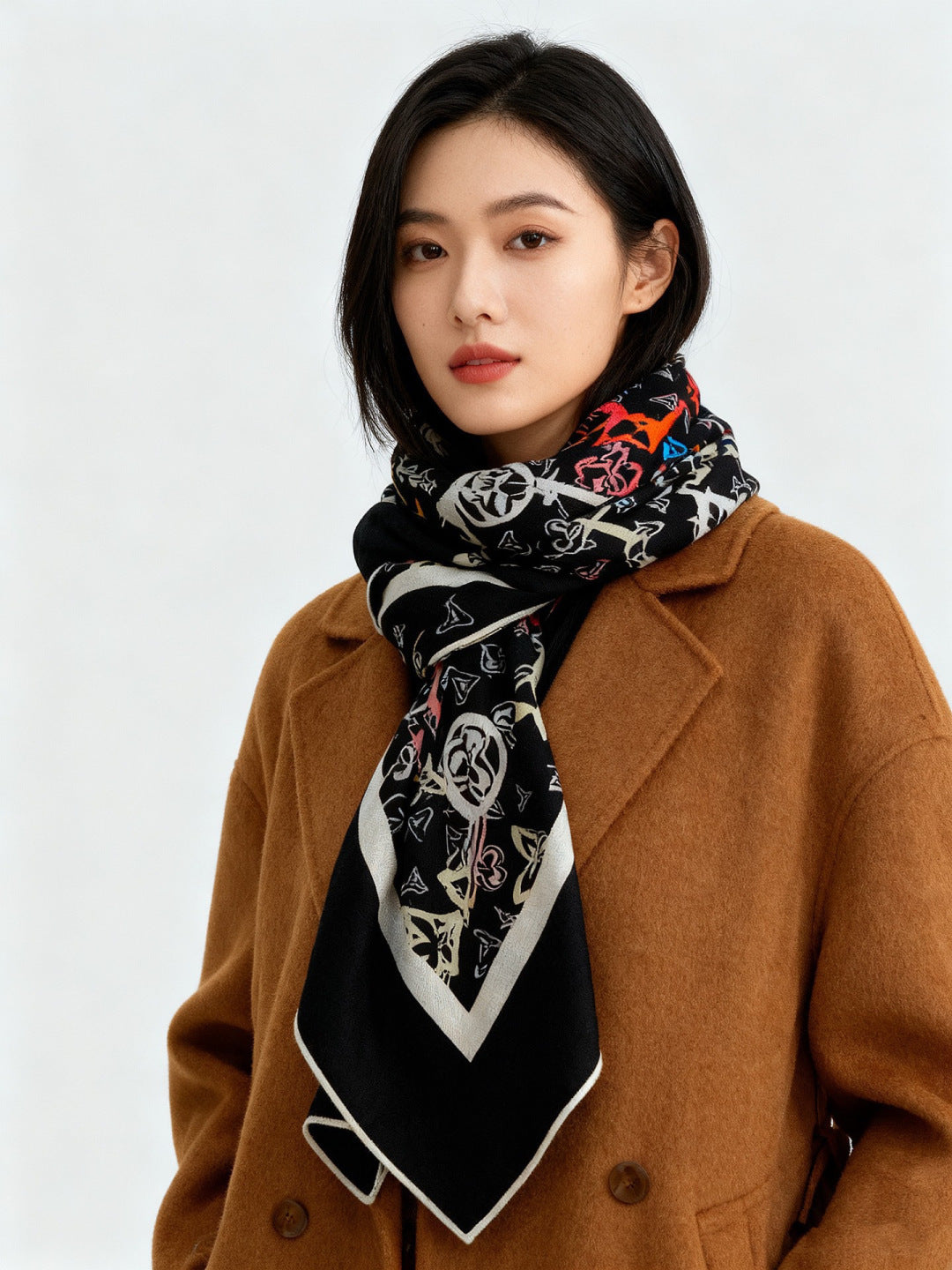 LV Double-Sided Shawl Scarf 140cm Black Multicolor Silk Cashmere 976741