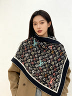 LV Double-Sided Shawl Scarf 140cm Black Multicolor Silk Cashmere 976741