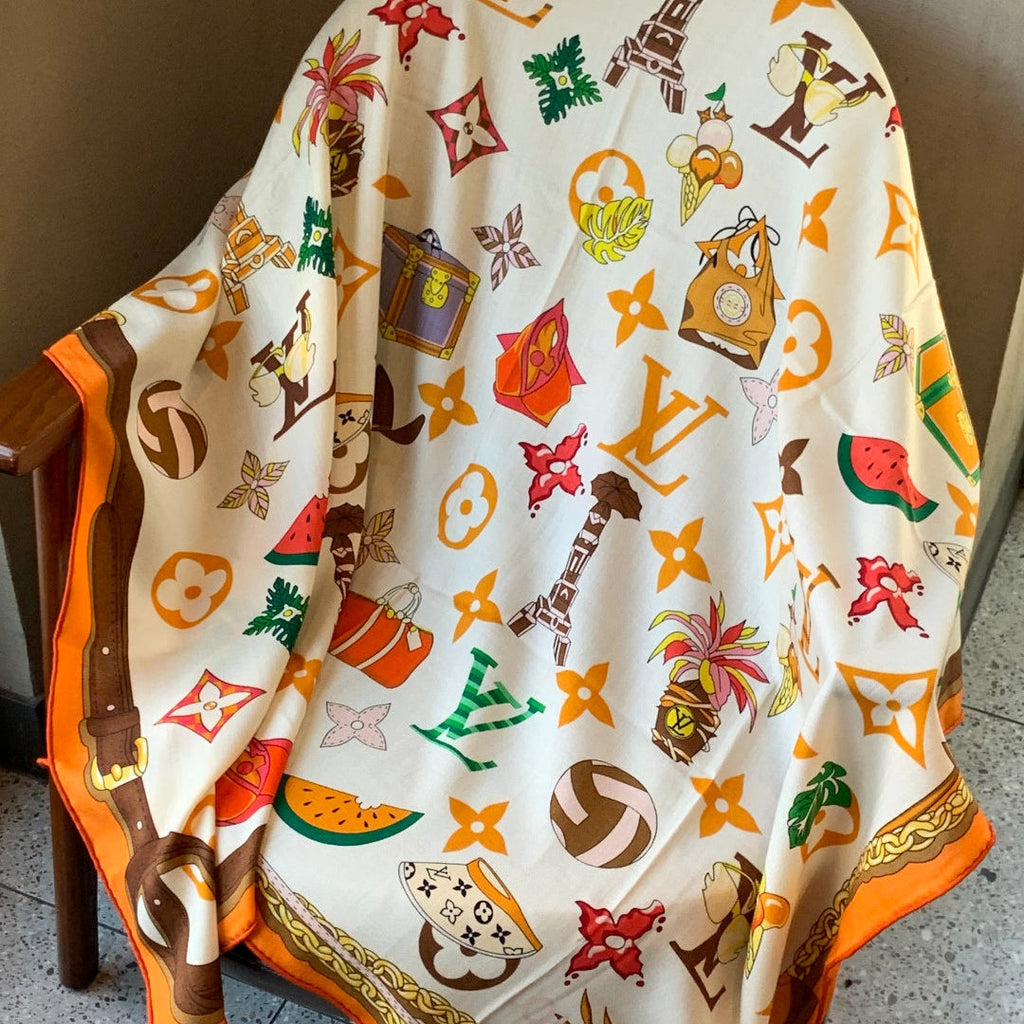 LV Scarf 135cm White Orange Multicolor Cashmere Mulberry Silk 976762